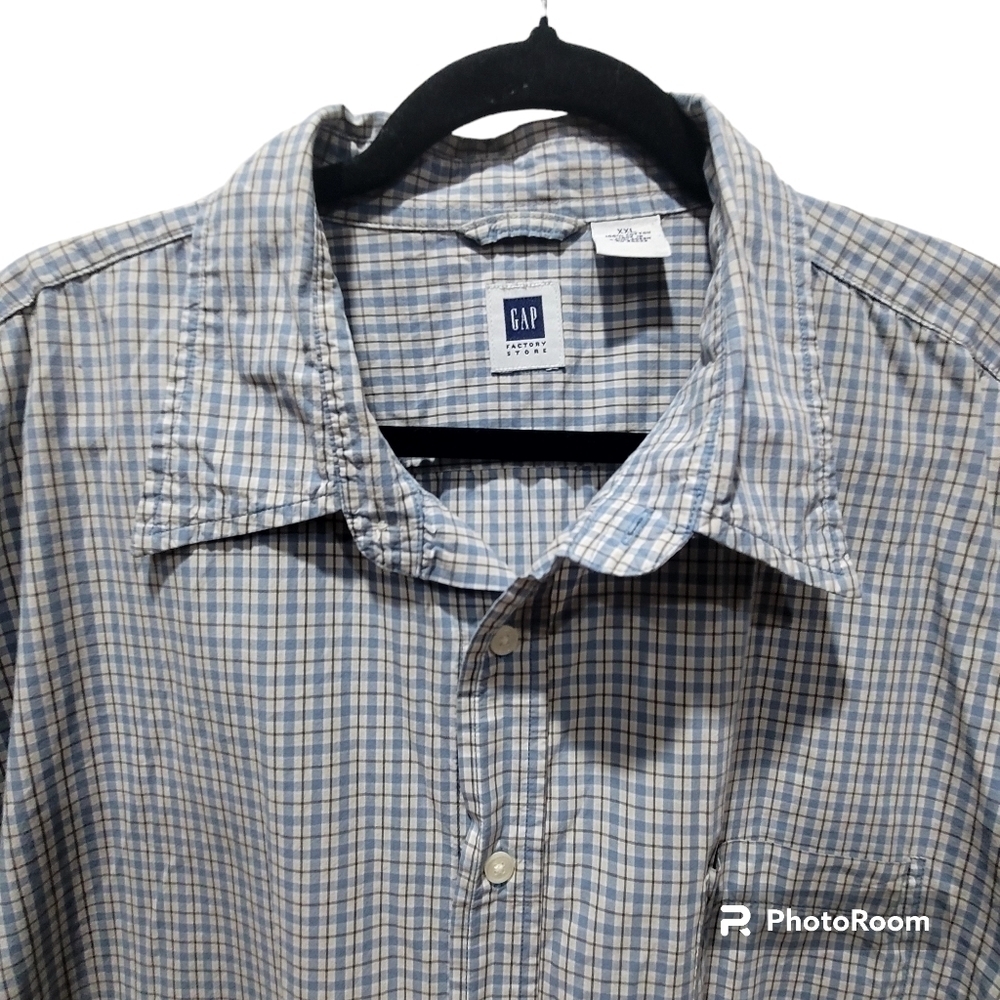 GAP XXL 100% Cotton Men's Short Sleeve Dress Shirt Plaid Blue Yellow Office - Picture 3 of 7